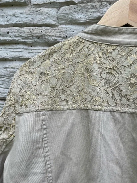 Chico’s Gold Lace Jacket Size 2 Open Front Beige Blazer Textured Cotton Blend - Picture 6 of 6